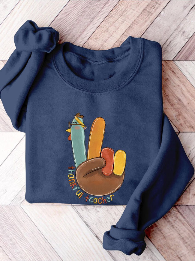 Thanksgiving Teacher Cute Thankful Turkey Casual Print Sweatshirt