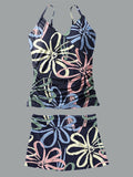 Women’s V-neck Line Flowers Print Suspender Skirt Tankini Set Swimsuit