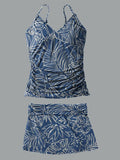 Women’s V-neck Line Leaves Flowers Print Suspender Skirt Tankini Set Swimsuit