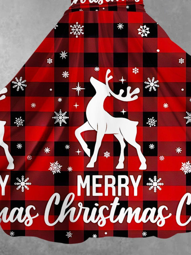 Women's Plaid Christmas Deer Merry Christmas Print Design Maxi Dress