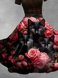 Women'sHalloween Cat Floral Art Print  Casual Dress