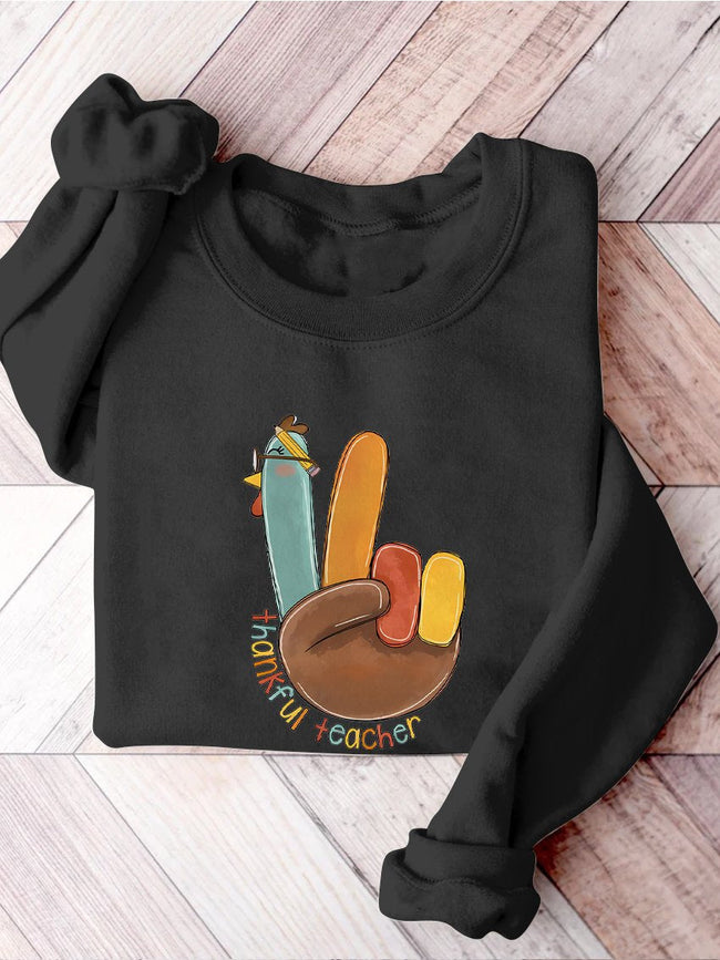 Thanksgiving Teacher Cute Thankful Turkey Casual Print Sweatshirt