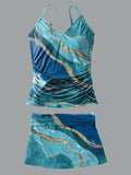 V-Neck Marble Pattern Print Sling Pleated Tankini Set Swimsuit