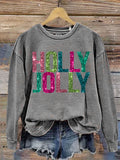 Holy Jolly Gilltter Christmas Letter Print Sweatshirt