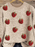 Cute Raspberry Art Pattern Print Casual Knit Pullover Sweater