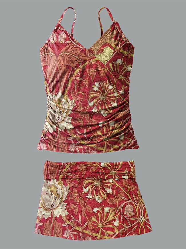 Women’s V-neck Vintage Flower Print Suspender Skirt Tankini Set Swimsuit