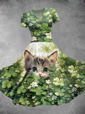 Women's St. Patrick's Day Gift Shamrock Four Leaf Clover Cute Cat Print Design Maxi Dress