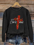 The Faith Cross Merry Christmas Christmas Glitter Print Casual Sweatshirt