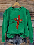 The Faith Cross Merry Christmas Christmas Glitter Print Casual Sweatshirt