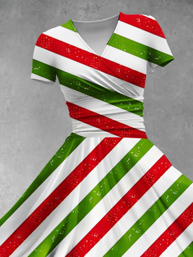 Women's Christmas Gift Red Green White Stripes Design Maxi Dress