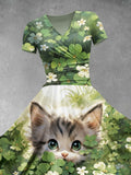 Women's St. Patrick's Day Gift Shamrock Four Leaf Clover Cute Cat Print Design Maxi Dress