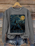 Starry Night Magic Wizard Castle Boat Magic School Book Nerd Fantasy Wand Wizard Mischief Casual Print Sweatshirt