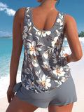Women’s Round Neck Flowers Print Tie High Waisted Loose Pleated Rosette Tankini Set Swimsuit