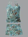 Women’s V-neck Shine Leaves Print Suspender Skirt Tankini Set Swimsuit