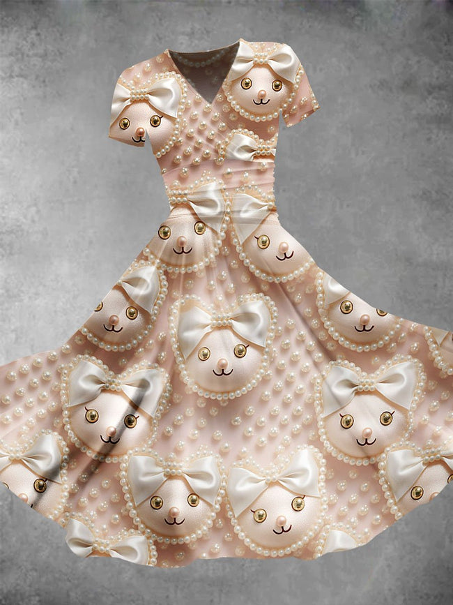 Women's Cute Bow Cat Seamless Patterns Print Maxi Dress