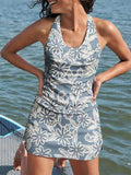 Round Neck Racer Back Vintage Floral Art Print Skirt Tankini Set Swimsuit