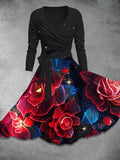 Women's Shiny Rose Christmas Gifts Print Two Piece Dress