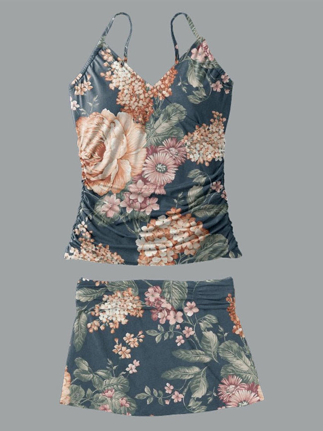 V-Neck Vintage Floral Leaves Print Vest Pleated Tankini Set Swimsuit
