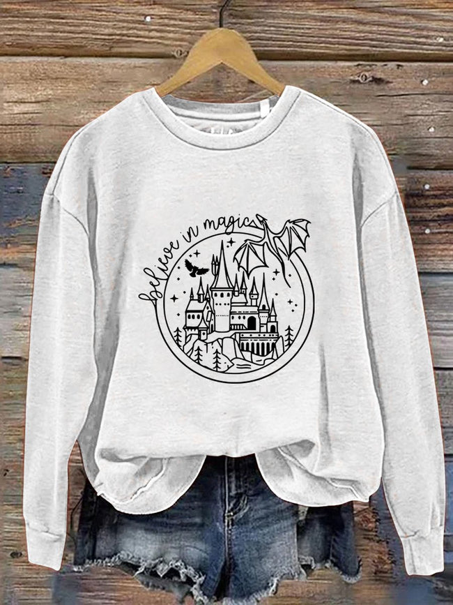 Believe In Magic Dragon Magic School Wizarding School HP School Wizard School Magic Dragon Print Casual Sweatshirt