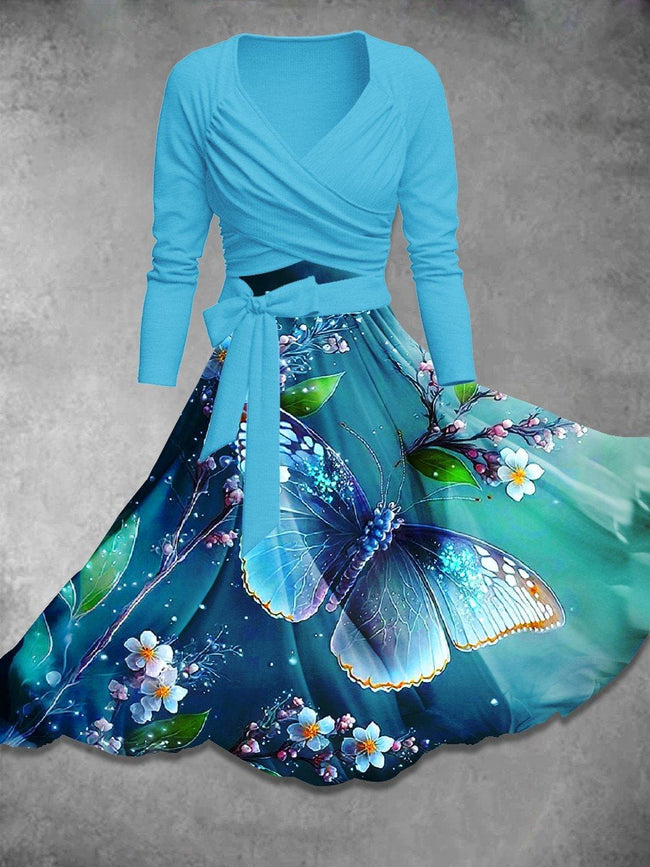 Women's Shiny Butterfly And Flower Christmas Gift Print Two Piece Dress