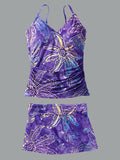 Women’s V-neck Starfish Flowers Print Suspender Skirt Tankini Set Swimsuit