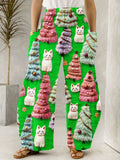 Christmas Tree Cute Cat 3D Print Wide Leg Pants