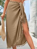 Women’s Solid Color Lace Tassel Patchwork Skirt Beach Towel Cover Up
