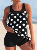 Women’s Polka Dots Print Bow Tie Mesh Patchwork Vest Tankini Set Swimsuit
