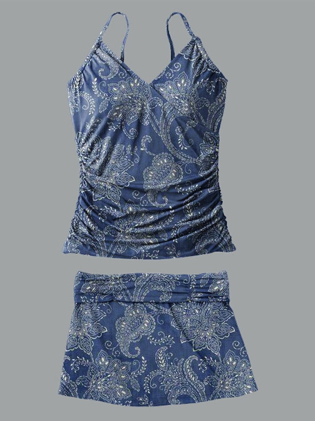 Women’s V-neck Paisley Ethnic Cashew Flower Print Suspender Skirt Tankini Set Swimsuit