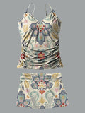 V-Neck Paisley Flowers Retro Ethnic Print Suspender Skirt Tankini Pantskirt Set Swimsuit