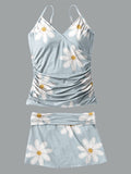 Women’s V-neck Flower Daisy Print Suspender Skirt Tankini Set Swimsuit