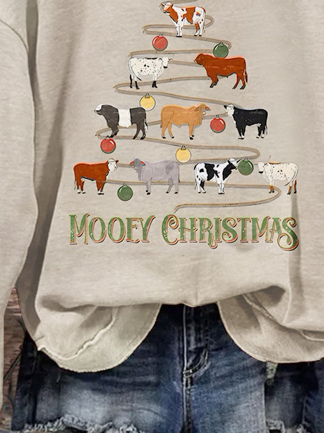 Mooey Christmas Cow Crewneck Sweatshirt, Funny Xmas Cows Hoodie, Xmas Shirt, Cute Cow Christmas T-Shirt, Xmas Shirt Gift, Xmas Tree Art Design Print Casual Sweatshirt