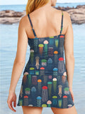 V-Neck Ocean Jellyfish Print Suspender Skirt Tankini Pantskirt Set Swimsuit