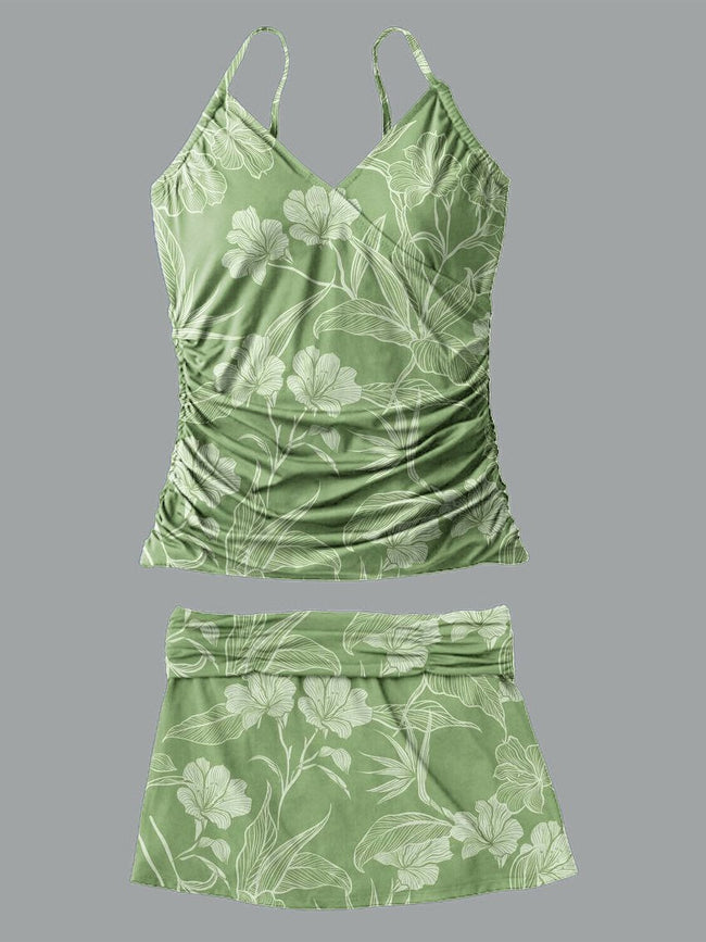 Women’s V-neck Flowers Leaves Print Suspender Skirt Tankini Set Swimsuit