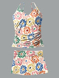 V-Neck Holiday Cute Flower Art Print Halterneck Pleated Tankini Set Swimsuit