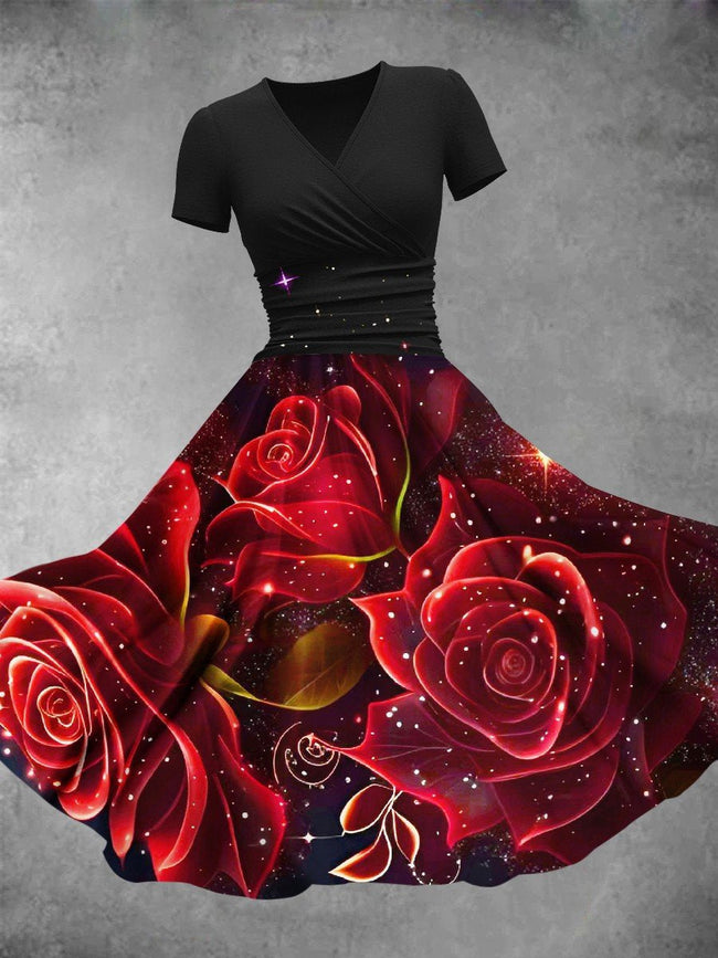 Women's Christmas Gifts Shiny Rose Design Maxi Dress