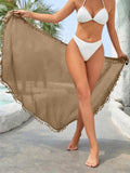 Women’s Solid Color Lace Tassel Patchwork Skirt Beach Towel Cover Up