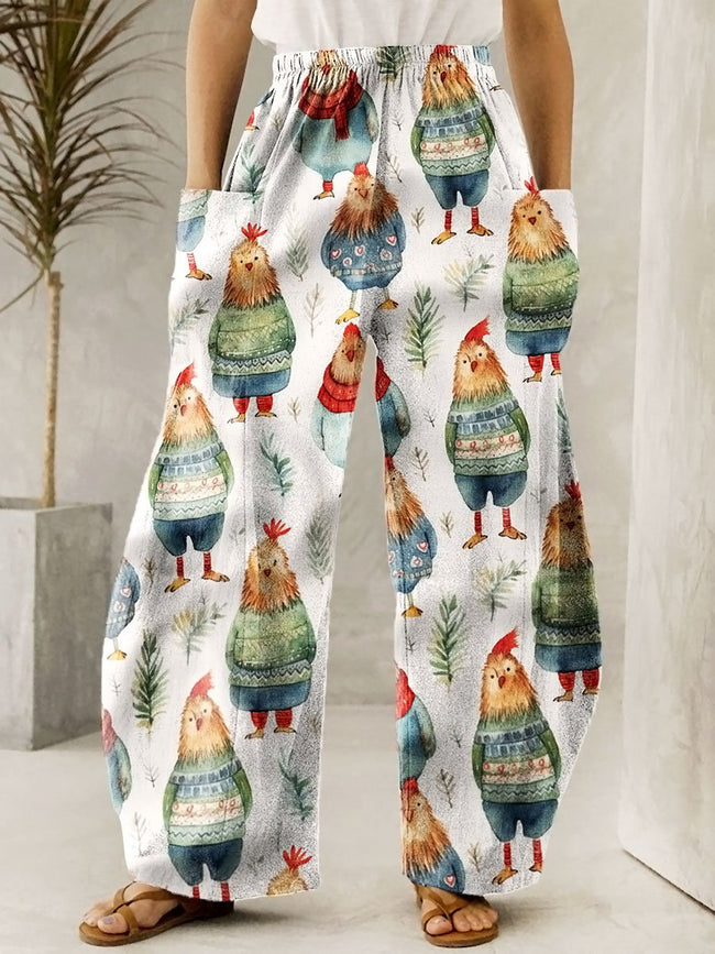 Cute Chickens In Sweaters Art Print Wide Leg Pants