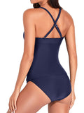 Women’s Solid Color Cross Pleat Tummy Tankini Set Swimsuit