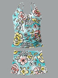 Women’s V-neck Flower Gradient Print Suspender Skirt Tankini Set Swimsuit