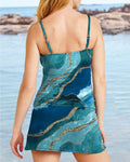 V-Neck Marble Pattern Print Sling Pleated Tankini Set Swimsuit