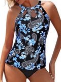 Women’s Cashew Flowers Print Round Neck Cutout Backless Tankini Set Swimsuit