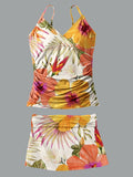 Women’s V-neck Tropical Flowers Print Suspender Skirt Tankini Set Swimsuit