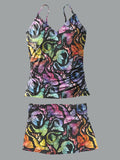 V-Neck Multicolor Dragon Art Print Suspender Skirt Tankini Pantskirt Set Swimsuit
