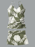 V-Neck Retro Flowers Art Print Vacation Halterneck Pleated Tankini Set Swimsuit