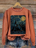 Starry Night Magic Wizard Castle Boat Magic School Book Nerd Fantasy Wand Wizard Mischief Casual Print Sweatshirt
