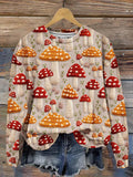 Imitation Embroidery Mushroom Art Design Print Casual Sweatshirt