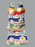V-Neck Retro Flowers Art Print Halterneck Pleated Tankini Set Swimsuit