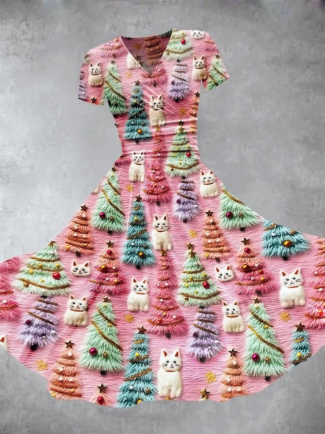 Women's Christmas Tree Cute Cat 3D Print Maxi Dress