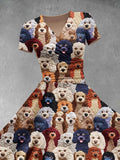 Women's Christmas Gift Imitation Embroidery Dog Animal Art Print Design Maxi Dress